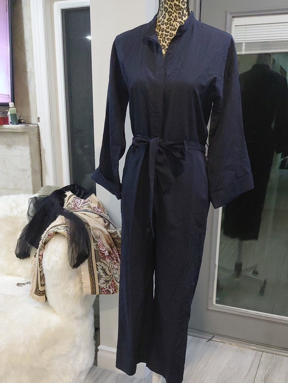 Club Monaco Navy Belted Wide-Leg Jumpsuit - Picture 3 of 7